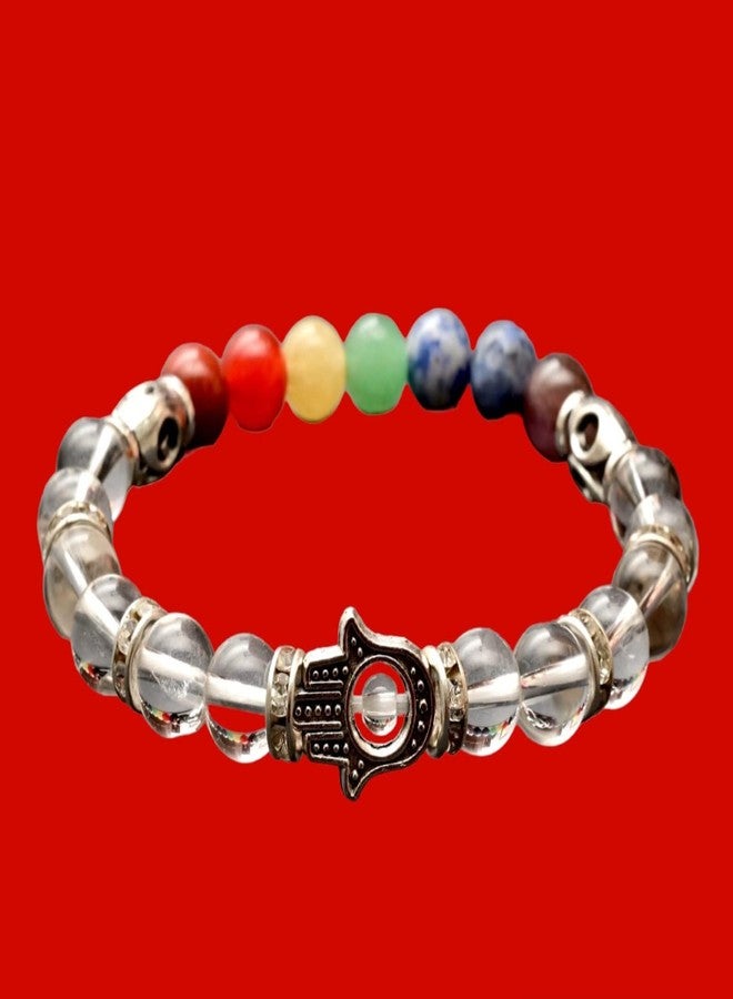 Fikup Clear Quartz 7-Chakra Bracelet (8mm) with Hamsa Charm | Multicolour Crystal Beads | Unisex Energy-Inspired Fashion Bracelet - Image 4