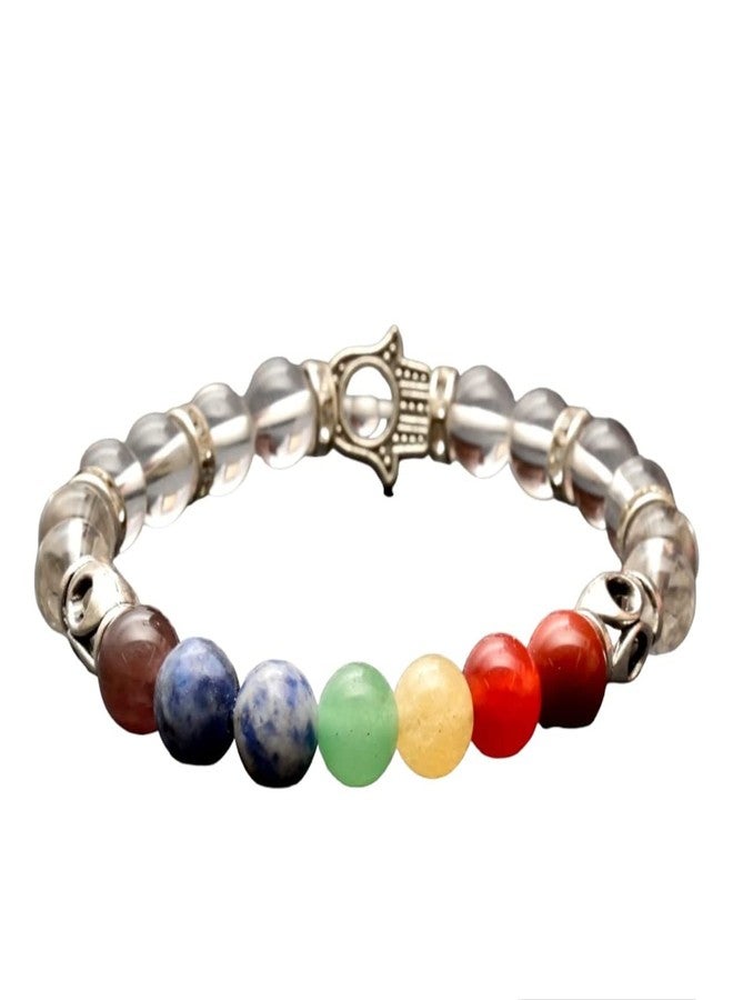 Fikup Clear Quartz 7-Chakra Bracelet (8mm) with Hamsa Charm | Multicolour Crystal Beads | Unisex Energy-Inspired Fashion Bracelet - Image 2