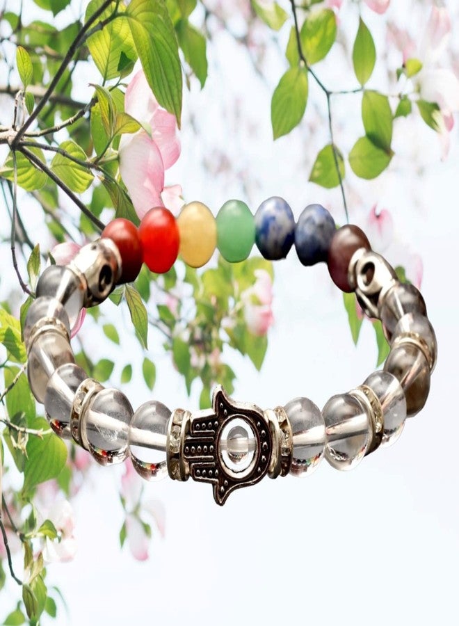 Fikup Clear Quartz 7-Chakra Bracelet (8mm) with Hamsa Charm | Multicolour Crystal Beads | Unisex Energy-Inspired Fashion Bracelet - Image 5