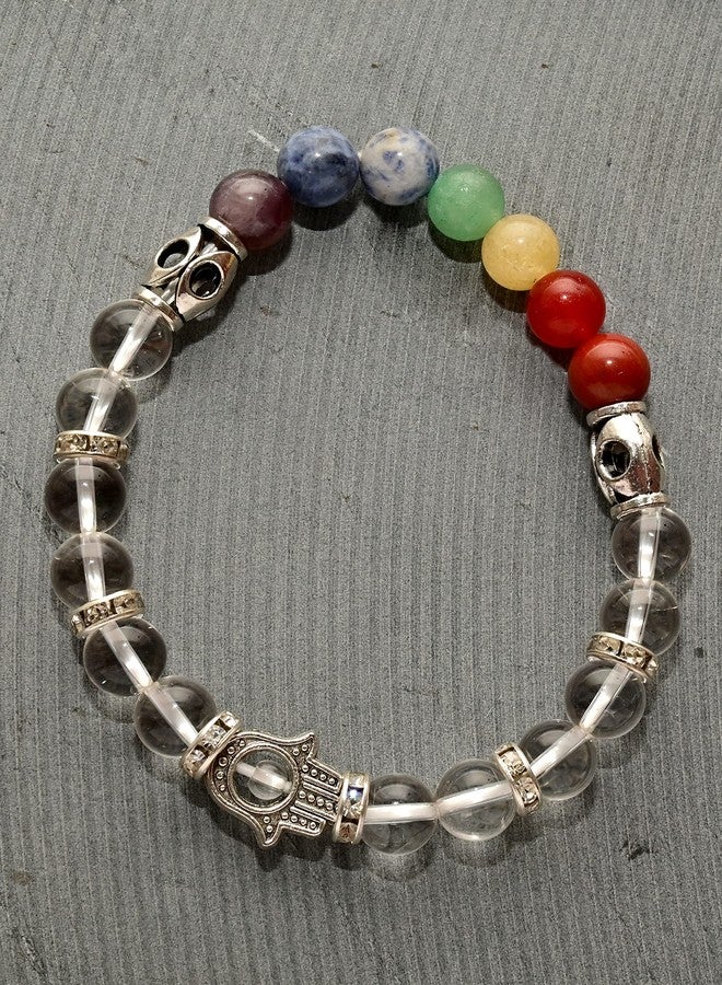 Fikup Clear Quartz 7-Chakra Bracelet (8mm) with Hamsa Charm | Multicolour Crystal Beads | Unisex Energy-Inspired Fashion Bracelet - Image 3