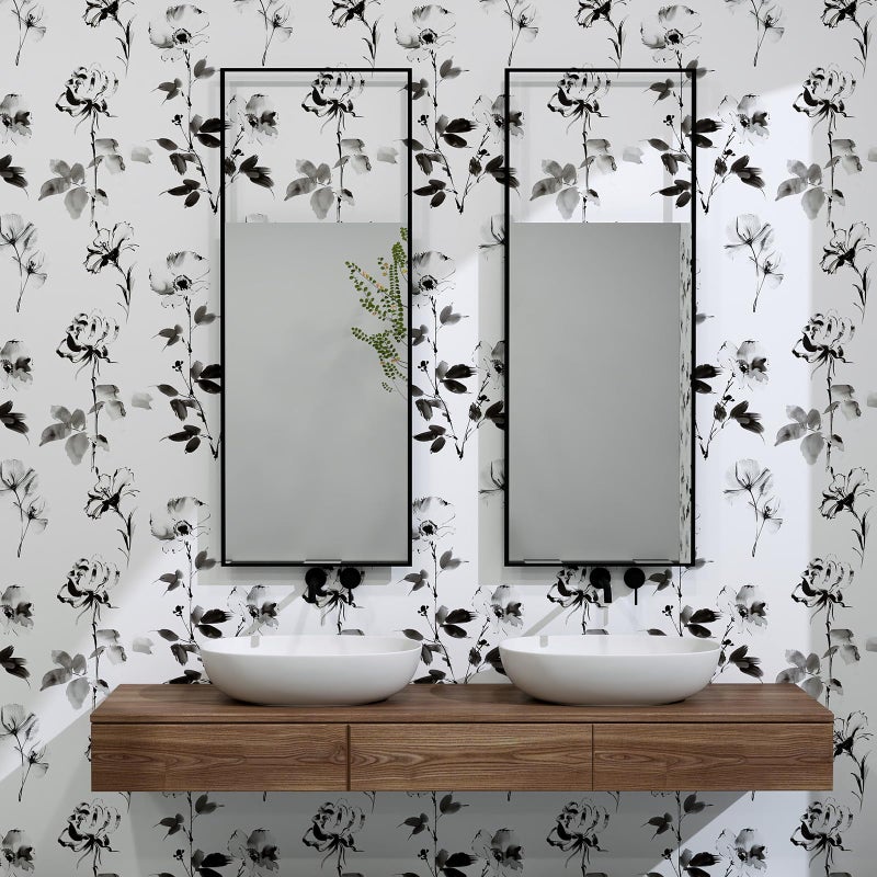 Hopepak Floral Wallpaper Peel and Stick Black and White Flower Peel and Stick Wall Paper Modern Contact Paper Removable Self Adhesive Wallpaper for Bathroom Bedroom Cabinet Decor Vinyl 17.3" x 80" - Image 4
