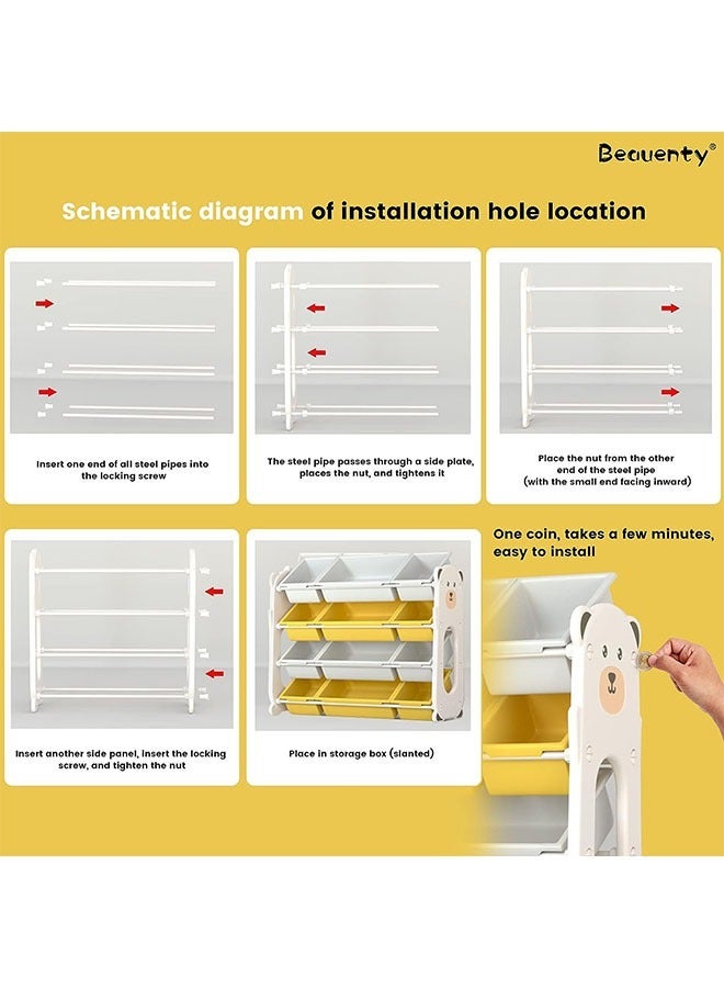 بيوينتي طفل لعبة تخزين الرف ، رف لعبة قابلة للإزالة مع 12 صناديق القمامة البلاستيكية ، رف لعبة مع القمامة في غرفة الأطفال ، 84.5 × 35.5 × 86.5cm - Image 5
