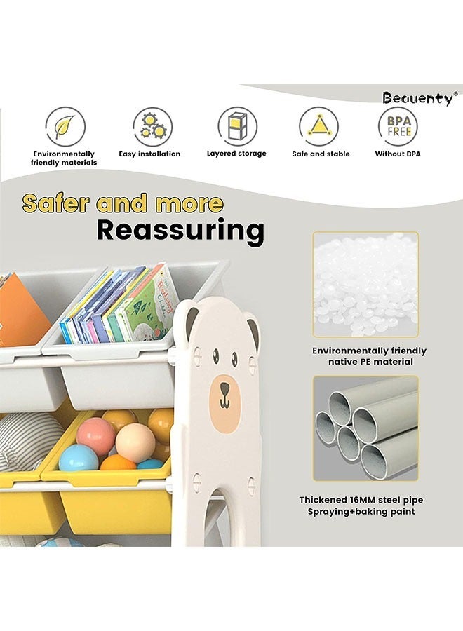 بيوينتي طفل لعبة تخزين الرف ، رف لعبة قابلة للإزالة مع 12 صناديق القمامة البلاستيكية ، رف لعبة مع القمامة في غرفة الأطفال ، 84.5 × 35.5 × 86.5cm - Image 4