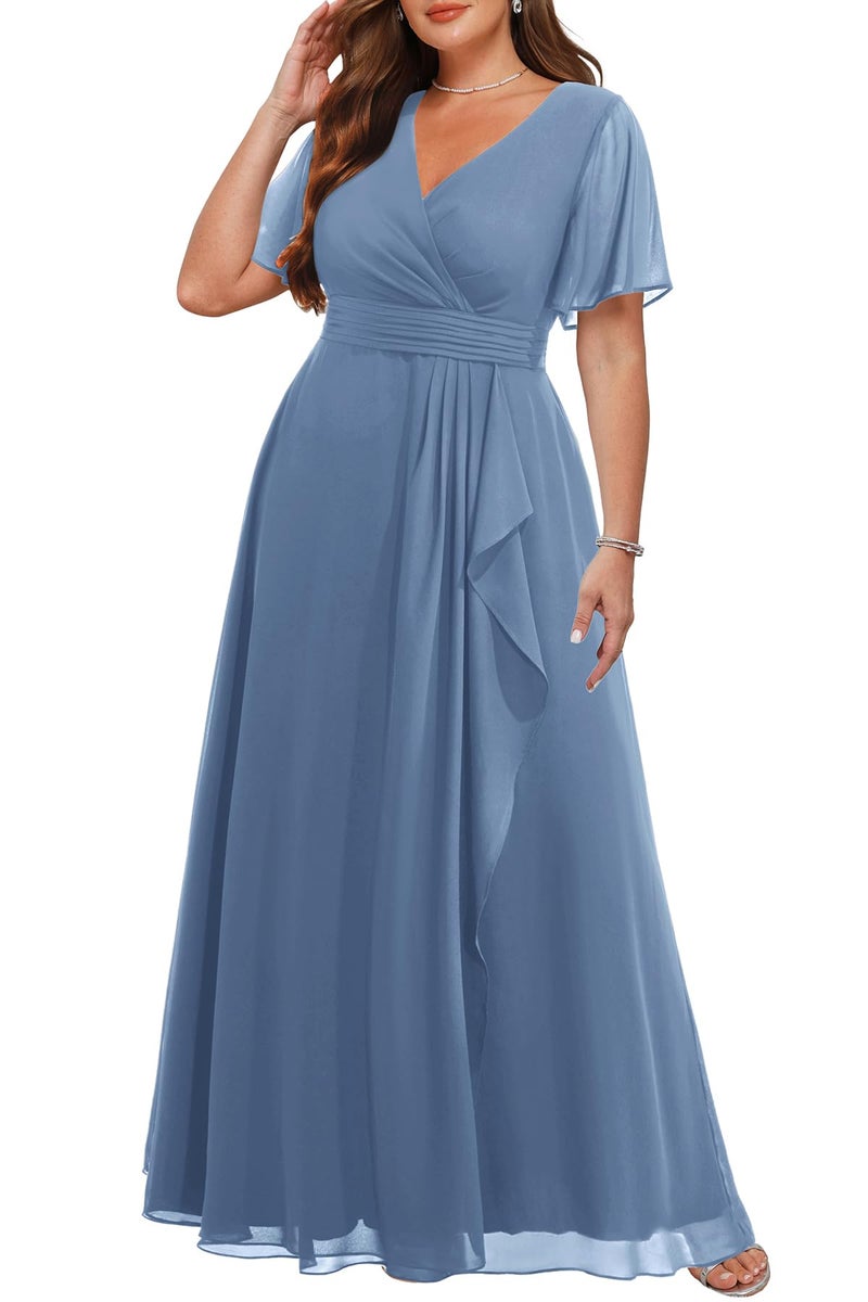 Talisea Dusty Blue Dress Plus Size Formal Dresses Bridesmaid Wedding Guest Mother of The Bride Prom Chiffon Short Sleeve Women - Image 2