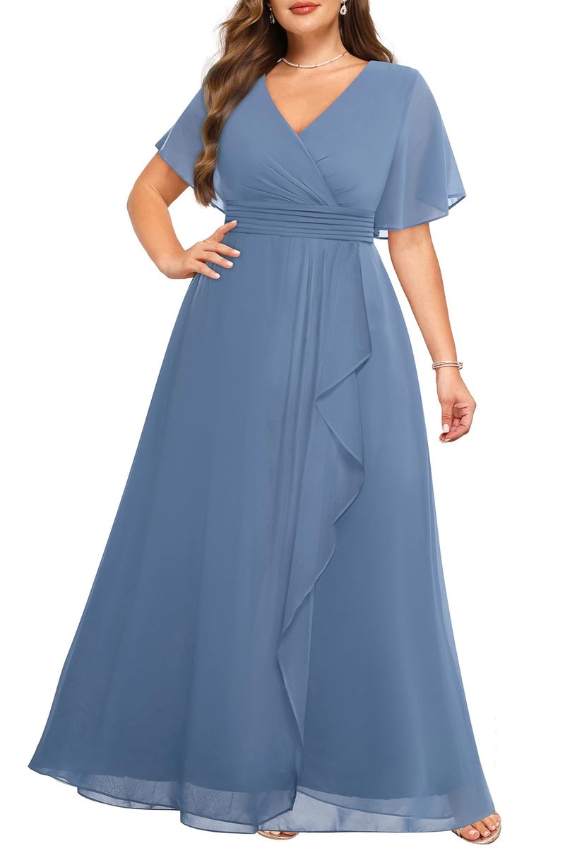 Talisea Dusty Blue Dress Plus Size Formal Dresses Bridesmaid Wedding Guest Mother of The Bride Prom Chiffon Short Sleeve Women - Image 1
