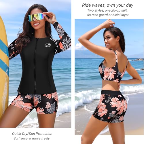 Holipick Orange Floral Long Sleeve Swimsuits for Women - 3 Piece Rash Guard with Shorts Zipper SPF Swim Shirt with Built in Bra XXL - Image 4
