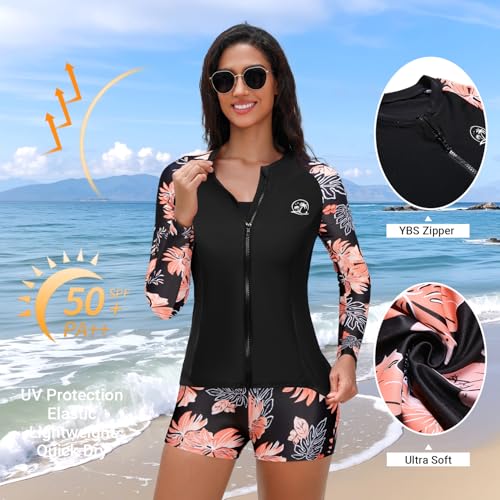 Holipick Orange Floral Long Sleeve Swimsuits for Women - 3 Piece Rash Guard with Shorts Zipper SPF Swim Shirt with Built in Bra XXL - Image 2