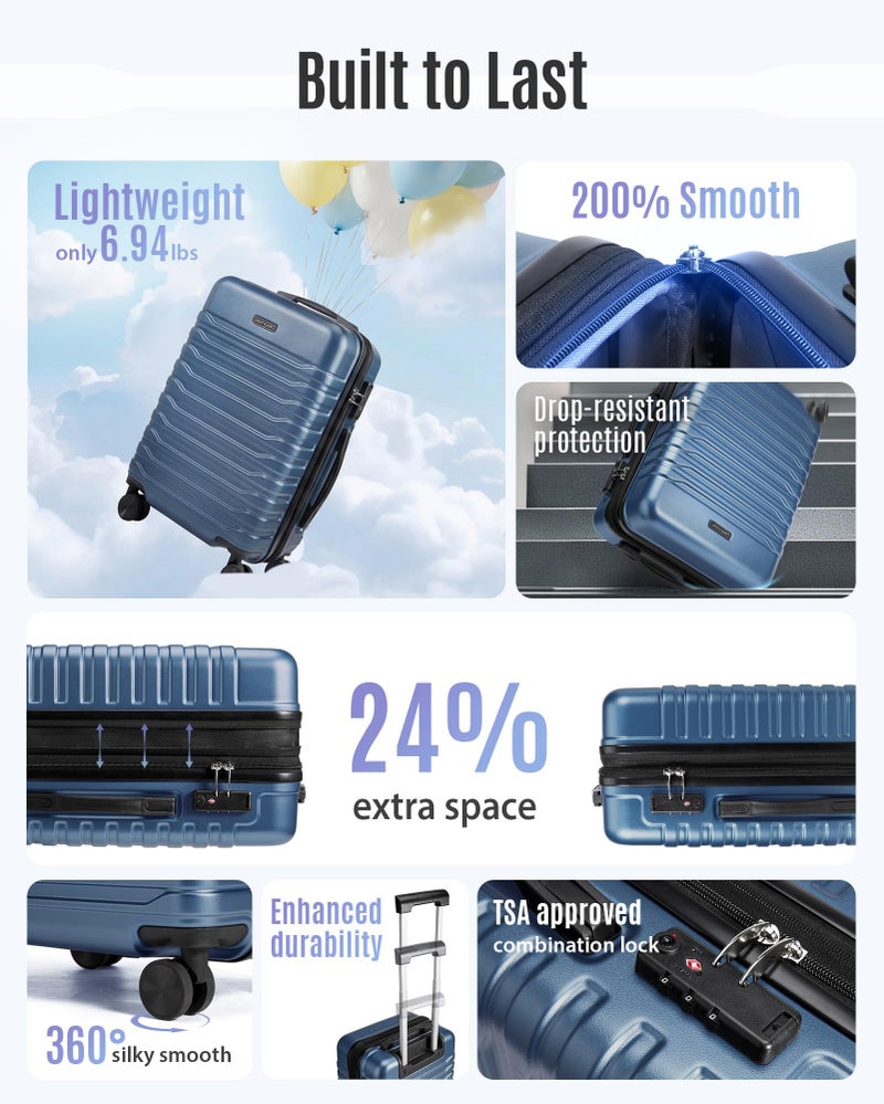 LIGHT FLIGHT Expandable Carry On Luggage 22x14x9 Airline Approved with Double Spinner Wheels, 20 Inch Lightweight Hard Shell Rolling Suitcases with TSA Lock, Blue - Image 2
