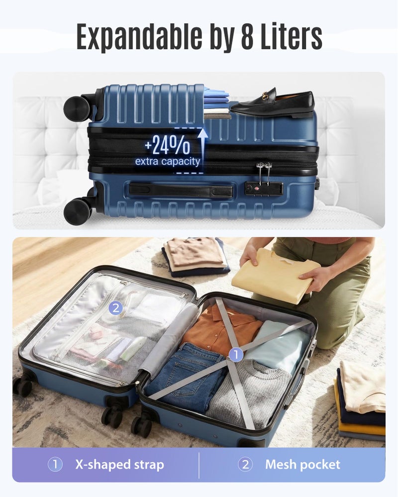 LIGHT FLIGHT Expandable Carry On Luggage 22x14x9 Airline Approved with Double Spinner Wheels, 20 Inch Lightweight Hard Shell Rolling Suitcases with TSA Lock, Blue - Image 4