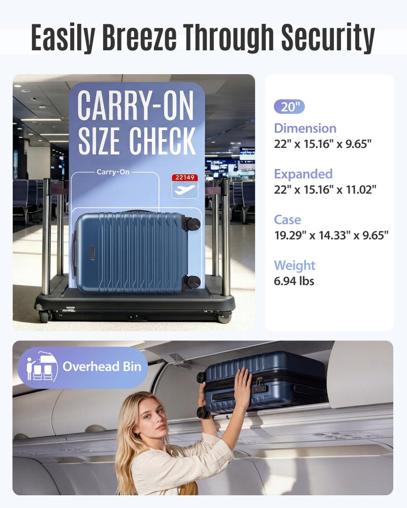 LIGHT FLIGHT Expandable Carry On Luggage 22x14x9 Airline Approved with Double Spinner Wheels, 20 Inch Lightweight Hard Shell Rolling Suitcases with TSA Lock, Blue - Image 3