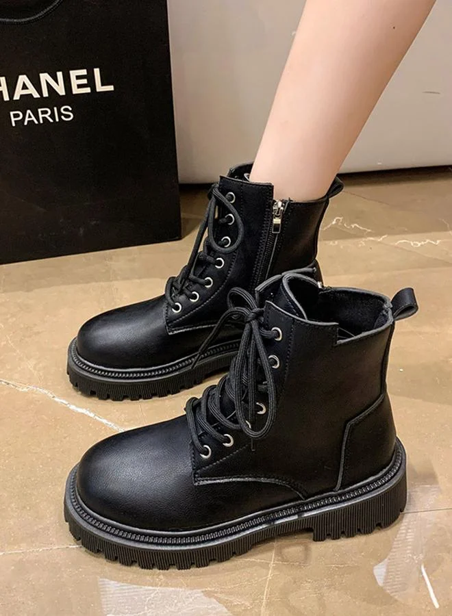 Take Two Black Solid Lace-Up Ankle Boots