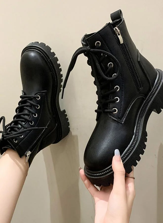 Take Two Black Solid Lace-Up Ankle Boots