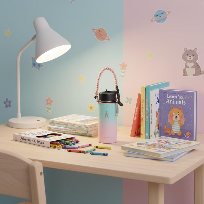 KRYMSO 500ml Water Bottle, Stainless Steel, Water Bottle for Kids with Straw, Thermos, Insulated Water Bottle, Water 500ml with Ai Stickers (Cotton Candy) - Image 2