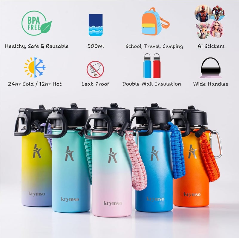KRYMSO 500ml Water Bottle, Stainless Steel, Water Bottle for Kids with Straw, Thermos, Insulated Water Bottle, Water 500ml with Ai Stickers (Cotton Candy) - Image 4
