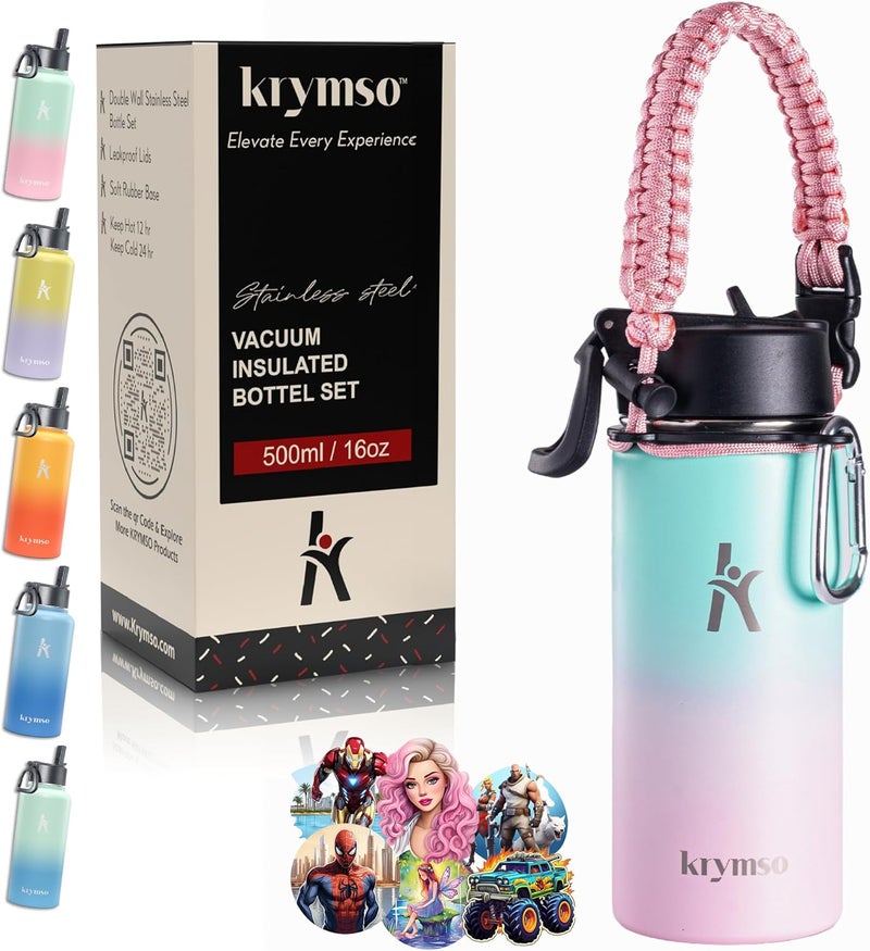 KRYMSO 500ml Water Bottle, Stainless Steel, Water Bottle for Kids with Straw, Thermos, Insulated Water Bottle, Water 500ml with Ai Stickers (Cotton Candy) - Image 1