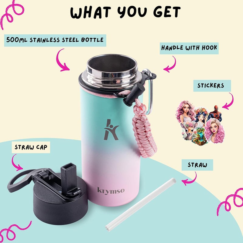 KRYMSO 500ml Water Bottle, Stainless Steel, Water Bottle for Kids with Straw, Thermos, Insulated Water Bottle, Water 500ml with Ai Stickers (Cotton Candy) - Image 3