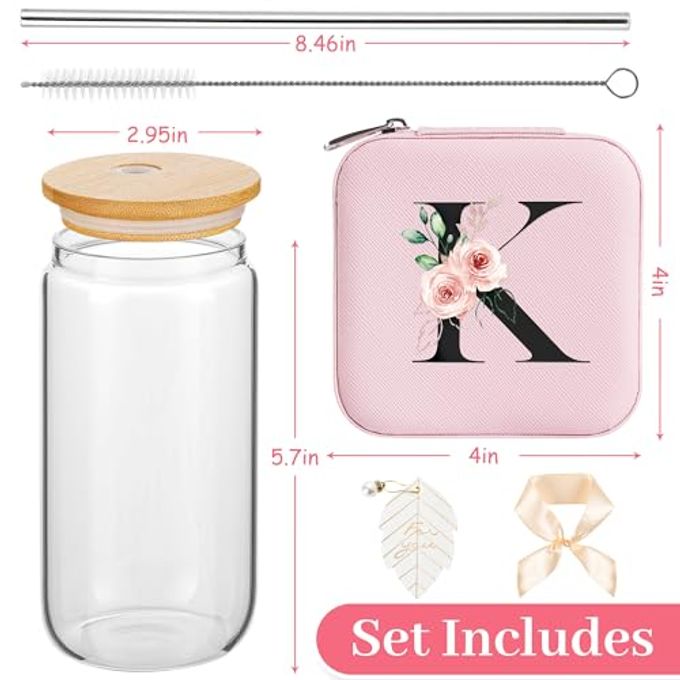 AYGXU Mothers Day gifts,Graduation Gifts for Her, Bridesmaid Gifts,Drinking glass with Bamboo Lids and Straw,Jewelry Organizer,Travel Essentials Small Jewelry Box,Teen Girls Gifts,Initial K pink - Image 5