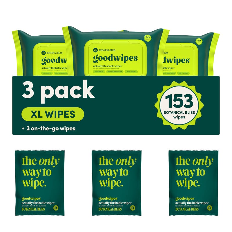 goodwipes Flushable Butt Wipes - Vitamin E & Aloe - Sewer & Septic Safe - Extra Large Adult Wet Wipes For Women & Men - Toilet Essential - Botanical Bliss, 153 Count (3 Packs + 3 Individually Wrapped) - Image 1