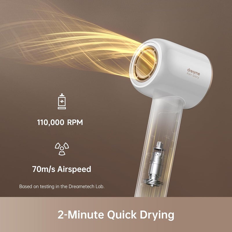 Dreame Hair Glory Hair Dryer, Quick-Drying, 110,000 RPM High-Speed Motor, 70m/s Airflow Speed, Powerful Negative Ions Technology, Lightweight, Temperature and Airspeed Control, White - AHD6A-WH - Image 2