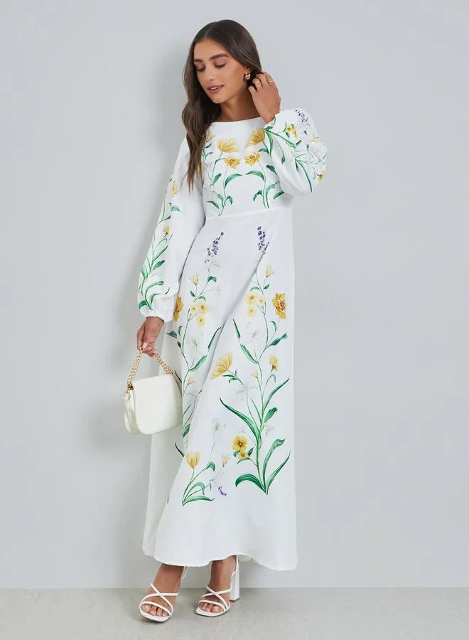 White Floral Print Balloon Sleeves Maxi Dress