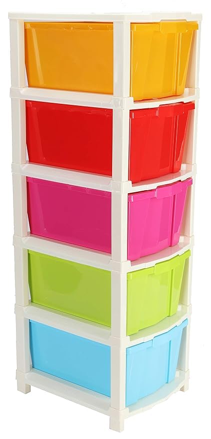 CHALISA 5Drawer Storage Tower with Multicolored Bins White Frame Plastic Organiser Unit 5 layer - Image 1