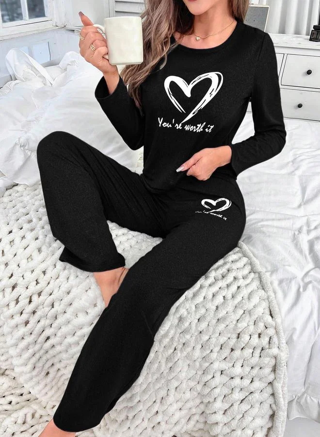 Take Two Take Two Black Heart Print Long Sleeve T-Shirt and Pyjama Set