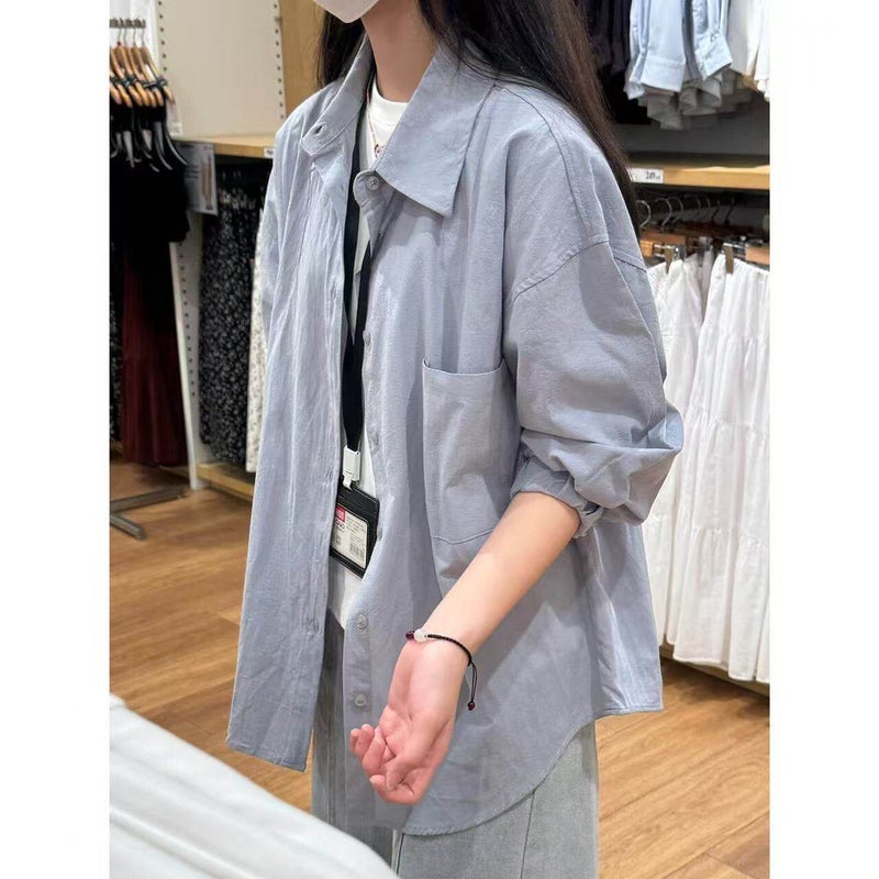 100% pure cotton straight shoulder shirt, women's layering, short height, loose coverage, slimming, long-sleeved shirt, outer wear, sunscreen cardigan - Image 1