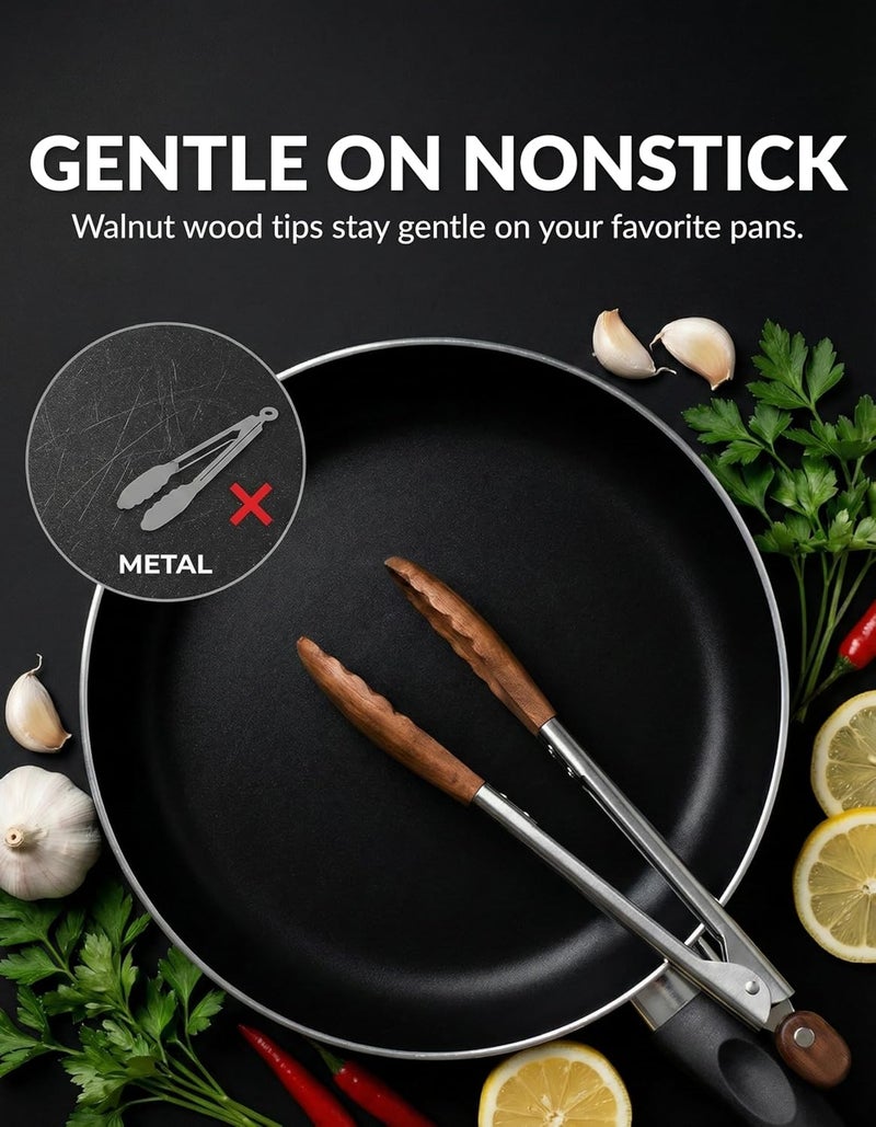 Boxiki Kitchen 9 Inch Tongs for Cooking with Wooden Tips - Nonstick Kitchen Tongs for Serving Food, Grilling, Cooking, BBQ and Tossing Salad - Made of Natural Walnut Wood - Image 3