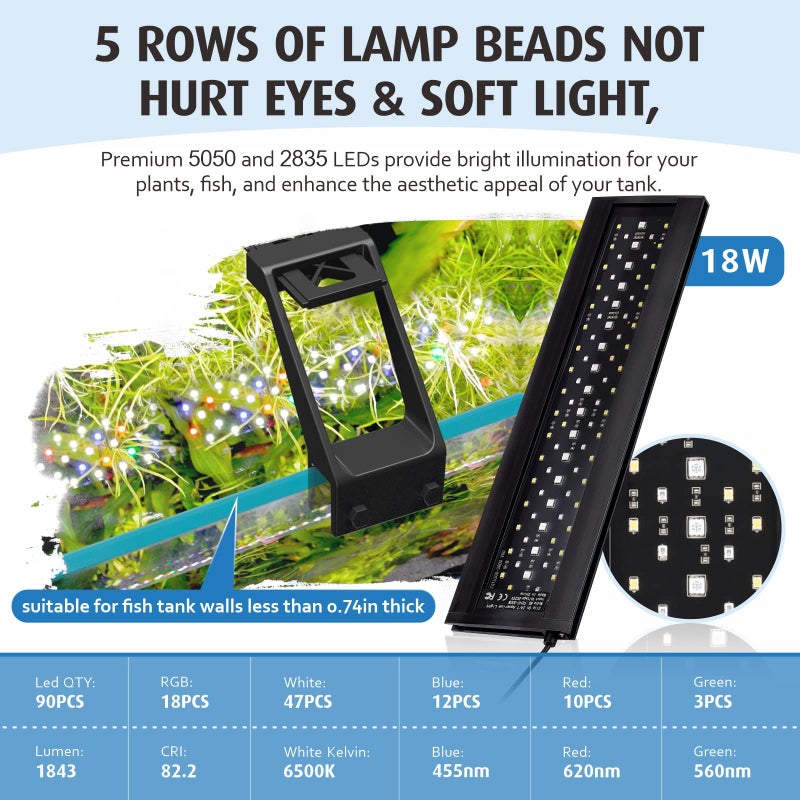 Hygger ضوء LED كامل الطيف للأكواريوم من هيجر، 18 واط، ضوء نهار-ليل مع مؤقت مزدوج، شروق الشمس-نهار-غروب الشمس-قمر، سطوع مؤقت قابل للتعديل مع 9 ألوان لخزان النباتات - Image 4