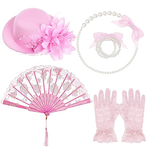 obmwang 5 Pieces Girls Tea Party Supplies Tea Party Gloves Hats Girls Kids Tea Party Necklace Fan for Girls Tea Party Costume, Pink - Image 1