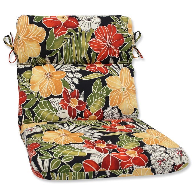 TROPIC FLORAL INDOOROUTDOOR 1 PIECE SPLIT BACK ROUND CORNER CHAIR SEAT CUSHION WITH TIES DEEP SEAT WEATHER AND FADE RESISTANT 405 X 21 BLACKGREEN CLEMENS 1 COUNT