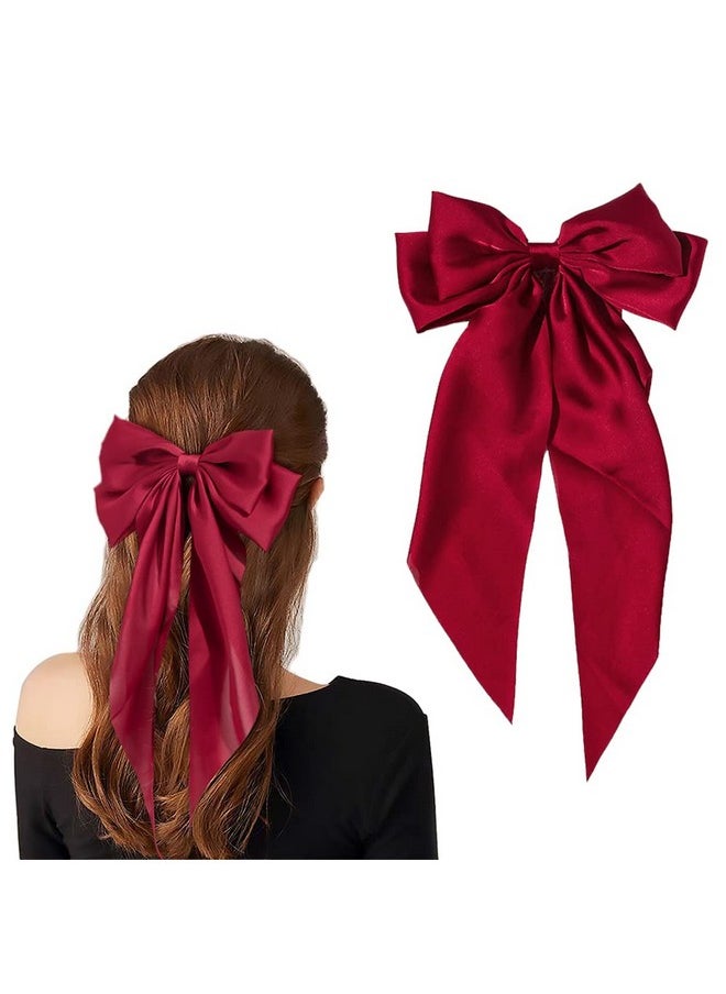 ANZAILALA - Hair Bows For Women Large Bow Hair Clip Soft Long Tails Metal Clips Bow Tie Hair Clip For Women - Red - Image 1