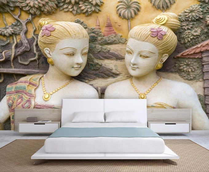 3D PRINT LATEST DOOR LIVING ROOM BED ROOM HOME HALL WALL STICKERS SHEET ROLL MURAL WALLPAPER TWO BEAUTIFUL LADIES MURAL WALLPAPER FOR WALLS LIVING ROOM VINYL SELF ADHESIVE 60X48 INCHES NONW5401142