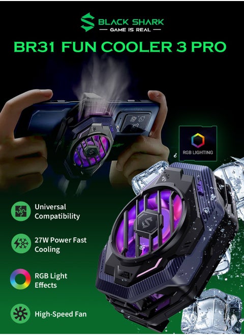 Black Shark Fun Cooler 3 Pro BR31 20W Powerful Cooling, Equipped With High-Speed Fan,Separated Cooling Structure,In-App Control, Adjust Fan Speed & RGB Lights & Universal Compatibility - Black