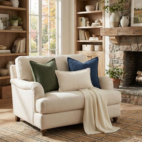 Mecatny Corduroy Summer Throw Pillow Covers 18x18 Set of 2 Neutral Decorative Soft Boho Couch Pillow Covers with Broadside for Sofa Living Room Navy - Image 3