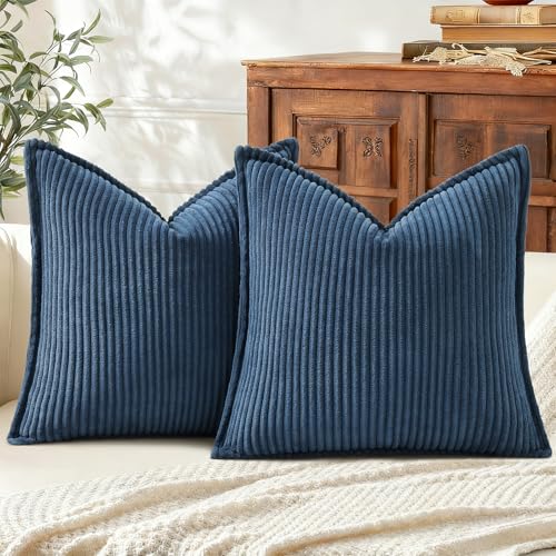 Mecatny Corduroy Summer Throw Pillow Covers 18x18 Set of 2 Neutral Decorative Soft Boho Couch Pillow Covers with Broadside for Sofa Living Room Navy - Image 1