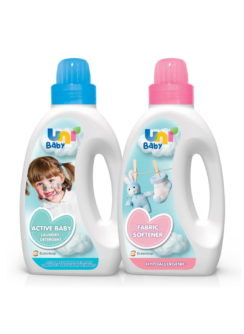 Uni baby Active Laundry Detergent 1500ml + Fabric Softener 1500ml Dermatologically Tested for Sensitive Skin - Hypoallergenic Baby Fabric Detergent & Softner  - Image 1
