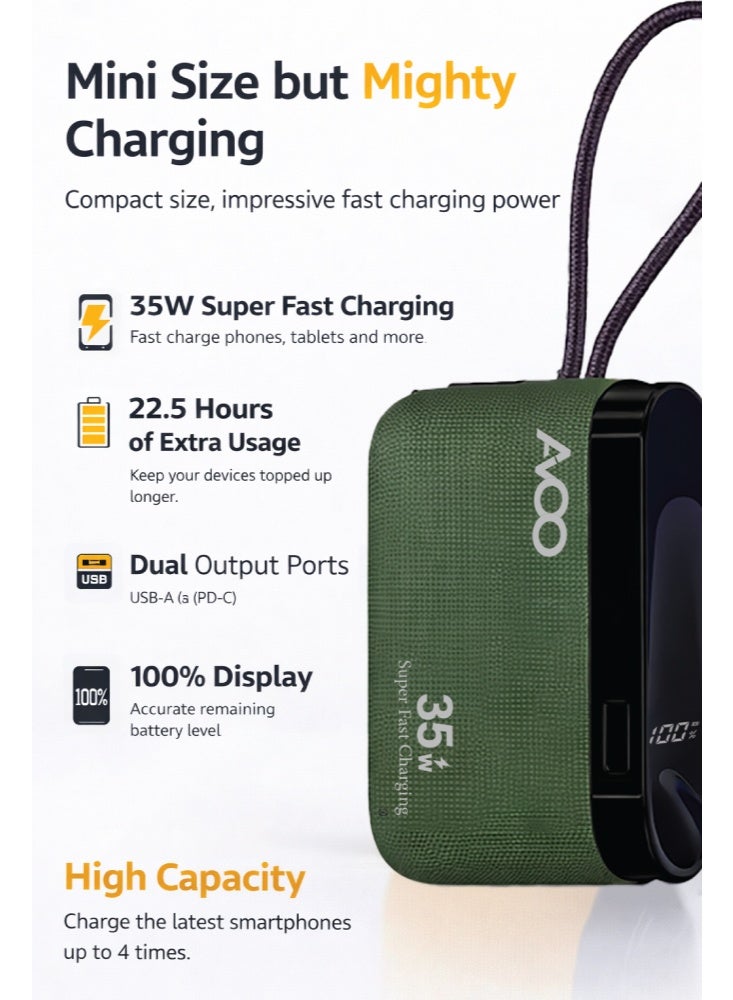 أفو باور بنك شحن متنقل صغير وخفيف 10000mAh شحن سريع 35W PD مع تايب سي مدمج ومنفذين USB ومنفذ Type-C – بطارية متنقلة باللون زيتي للآيفون وسامسونج وأندرويد – مناسب للآيباد والرحلات - Image 3
