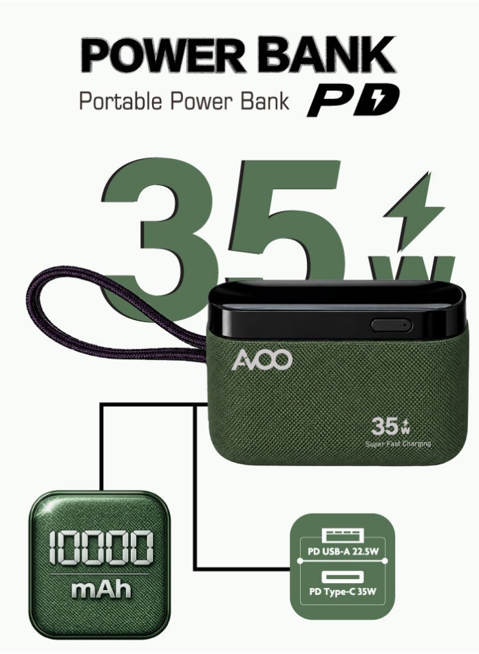 أفو باور بنك شحن متنقل صغير وخفيف 10000mAh شحن سريع 35W PD مع تايب سي مدمج ومنفذين USB ومنفذ Type-C – بطارية متنقلة باللون زيتي للآيفون وسامسونج وأندرويد – مناسب للآيباد والرحلات - Image 4
