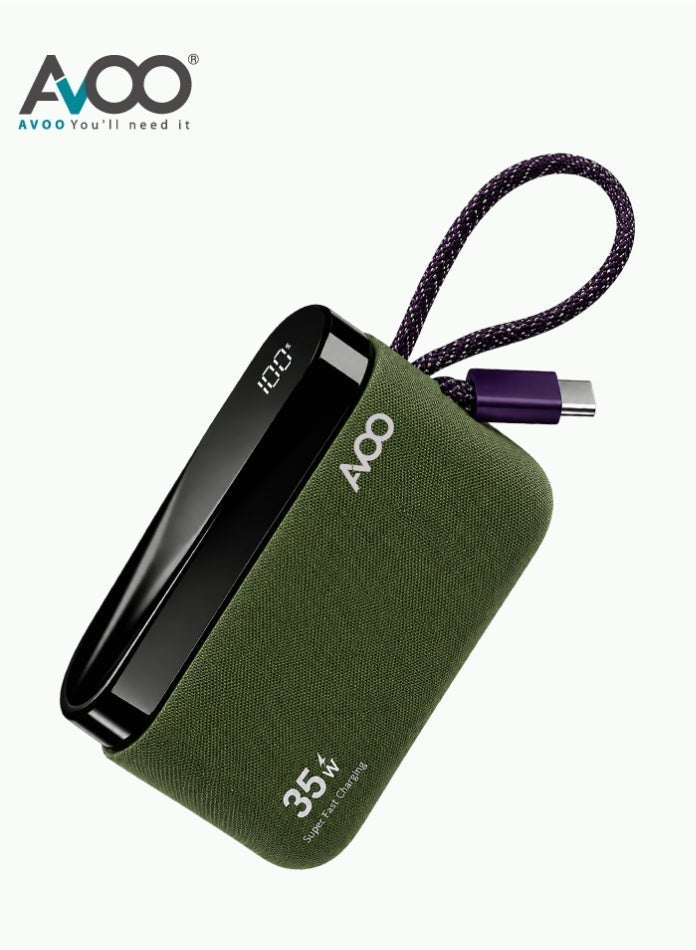 أفو باور بنك شحن متنقل صغير وخفيف 10000mAh شحن سريع 35W PD مع تايب سي مدمج ومنفذين USB ومنفذ Type-C – بطارية متنقلة باللون زيتي للآيفون وسامسونج وأندرويد – مناسب للآيباد والرحلات - Image 1