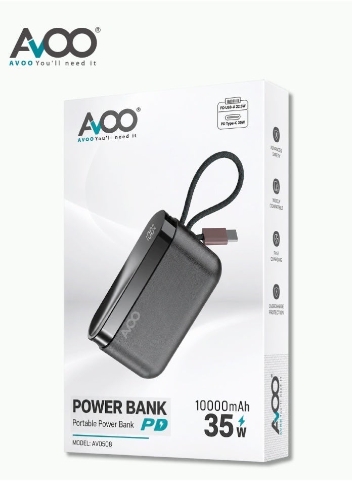 أفو باور بنك شحن متنقل صغير وخفيف 10000mAh شحن سريع 35W PD مع تايب سي مدمج ومنفذين USB ومنفذ Type-C – بطارية متنقلة باللون زيتي للآيفون وسامسونج وأندرويد – مناسب للآيباد والرحلات - Image 2