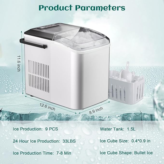 MAINE Bullet Ice Maker, Counter Top Ice Maker with Portable Carrying Handle, 33 lb/24H Portable Ice Maker Suitable for Home, Office, Kitchen, RV, 9 Cubes Ready in 7-8 Mins - Image 2