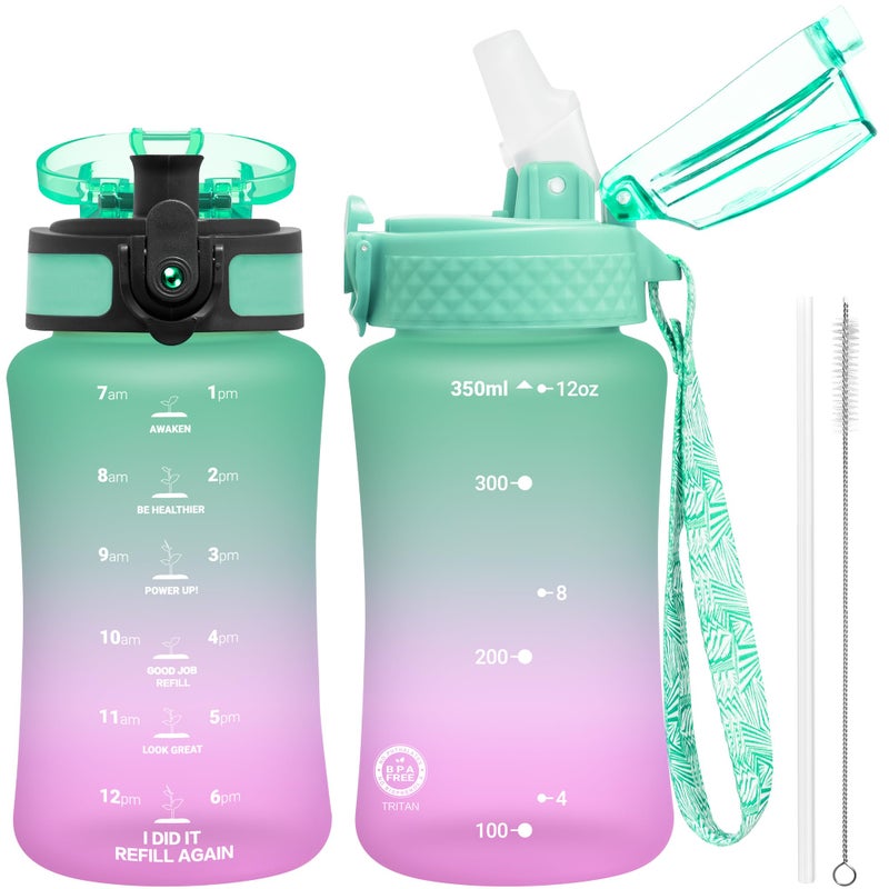 OLDLEY Kids Water Bottle for School 12 oz 2 lids BPAFree Reusable Leakproof Durable Tritan Plastic Water Bottles with Straw  Chug Lids Antidust Spout Cover Green Purple