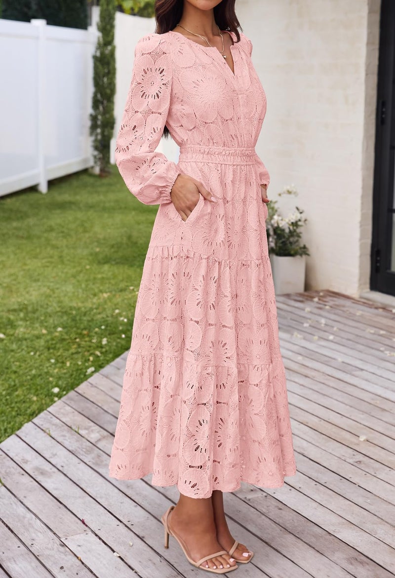 MEROKEETY Women's Fall Long Sleeve Floral Maxi Dress Lace Eyelet Hollow Out Tiered Boho Wedding Guest Dresses Pockets, Pink, Small - Image 3