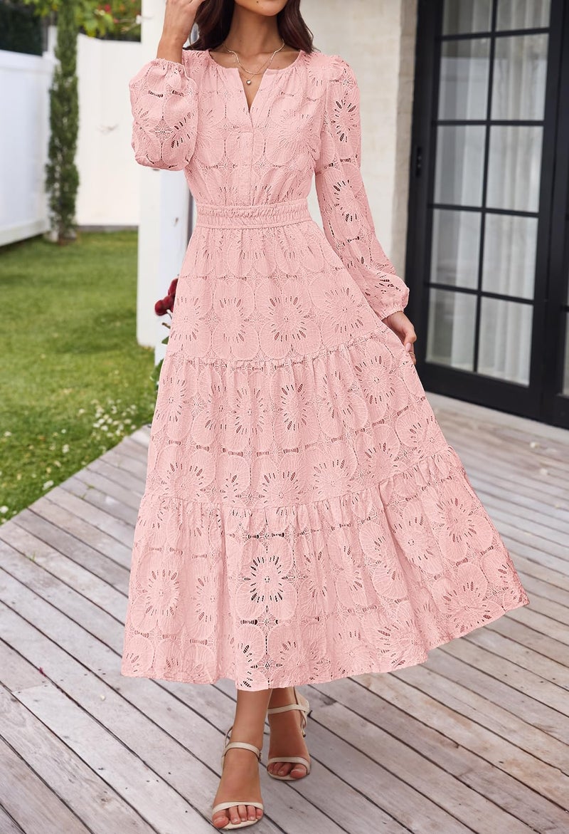 MEROKEETY Women's Fall Long Sleeve Floral Maxi Dress Lace Eyelet Hollow Out Tiered Boho Wedding Guest Dresses Pockets, Pink, Small - Image 2