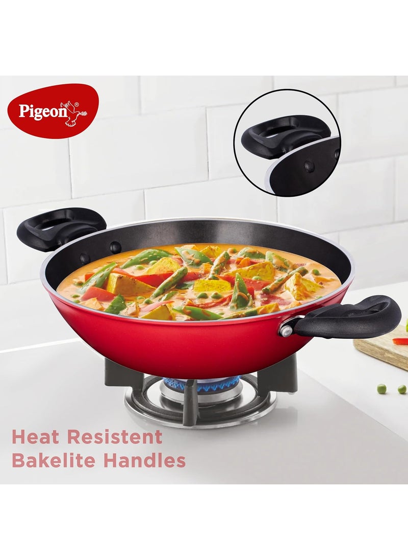 pigeon Pigeon by Stovekraft Basics Aluminium Non Stick, Non Induction Base Kadai with Glass Lid, 24CM/2.2 Liters, Red  - Image 5
