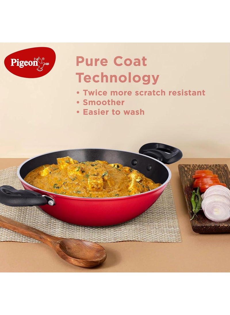 pigeon Pigeon by Stovekraft Basics Aluminium Non Stick, Non Induction Base Kadai with Glass Lid, 24CM/2.2 Liters, Red  - Image 4