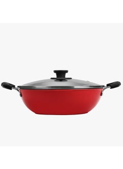 Pigeon by Stovekraft Basics Aluminium Non Stick, Non Induction Base Kadai with Glass Lid, 24CM/2.2 Liters, Red
