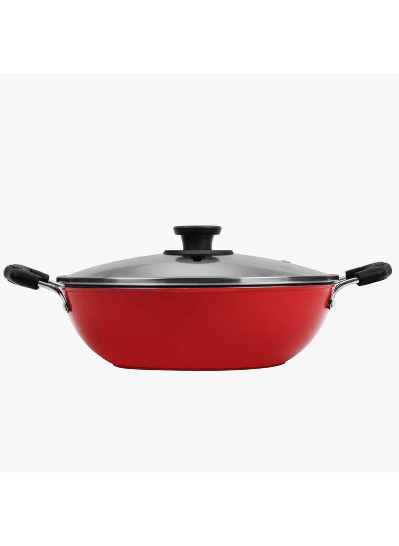 pigeon Pigeon by Stovekraft Basics Aluminium Non Stick, Non Induction Base Kadai with Glass Lid, 24CM/2.2 Liters, Red  - Image 1