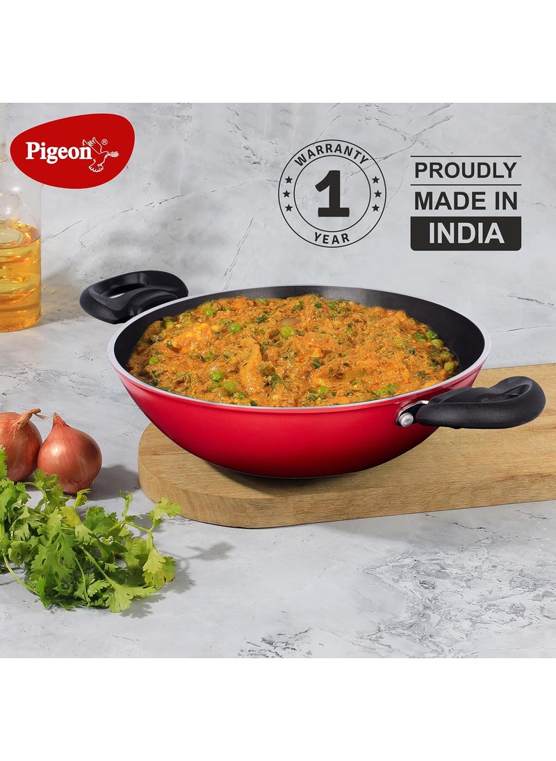 pigeon Pigeon by Stovekraft Basics Aluminium Non Stick, Non Induction Base Kadai with Glass Lid, 24CM/2.2 Liters, Red  - Image 2